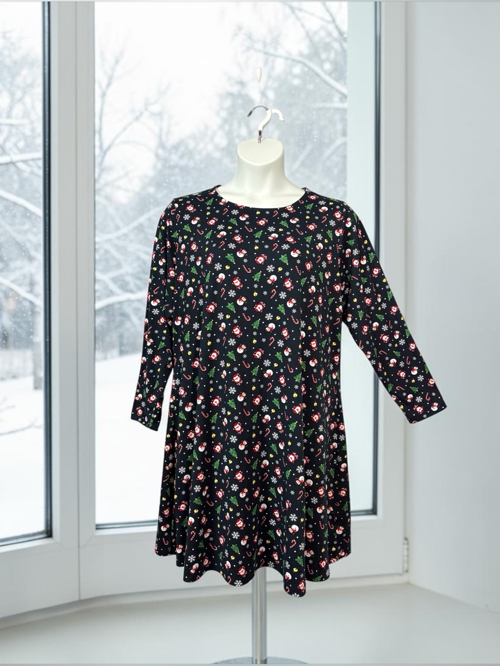 George Plus, 2X, Christmas Nightgown Dark Navy Stretch Long Sleeve Sleepwear